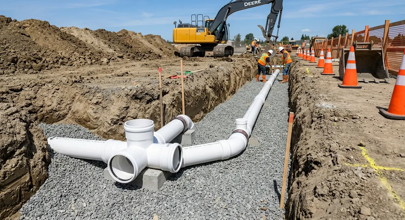 New PVC sewer pipe installation in open trench for Grease Trap Cleaning in Moultrie